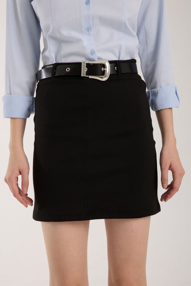 Kadın Kemerli Örme İnterlok Kısa Etek WM 2XL