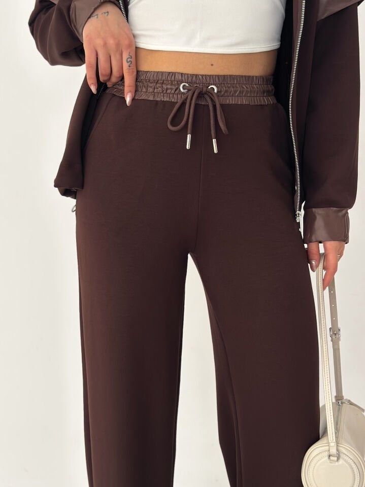 Kadın Garnili Modal Kumaş Baggy Eşofman Altı 2605 XL - KAHVERENGİ