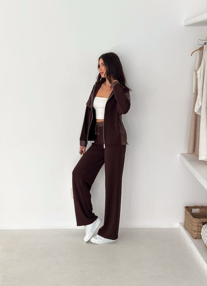 Kadın Garnili Modal Kumaş Baggy Eşofman Altı 2605 XL - KAHVERENGİ