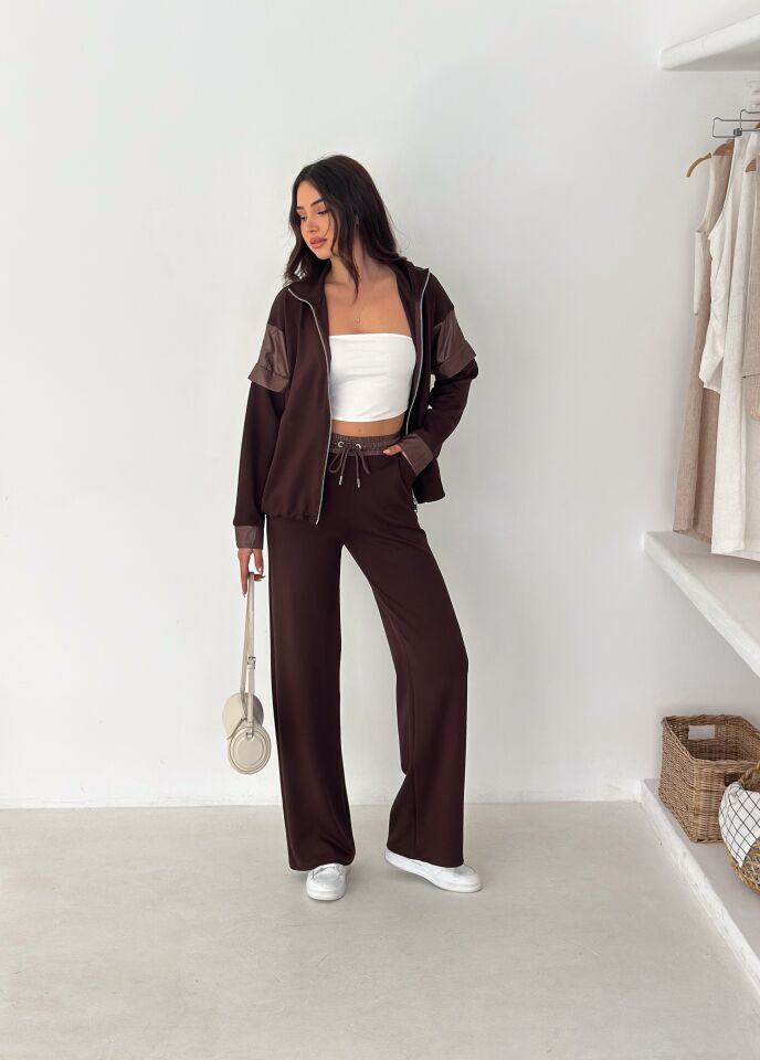 Kadın Garnili Modal Kumaş Baggy Eşofman Altı 2605 XL - KAHVERENGİ