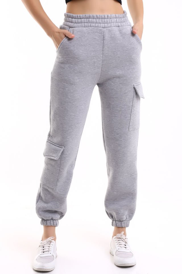MODERN JOGGER KADIN EŞOFMAN ALTI PAÇA VE YAN KARGO CEPLİ L - GRİ