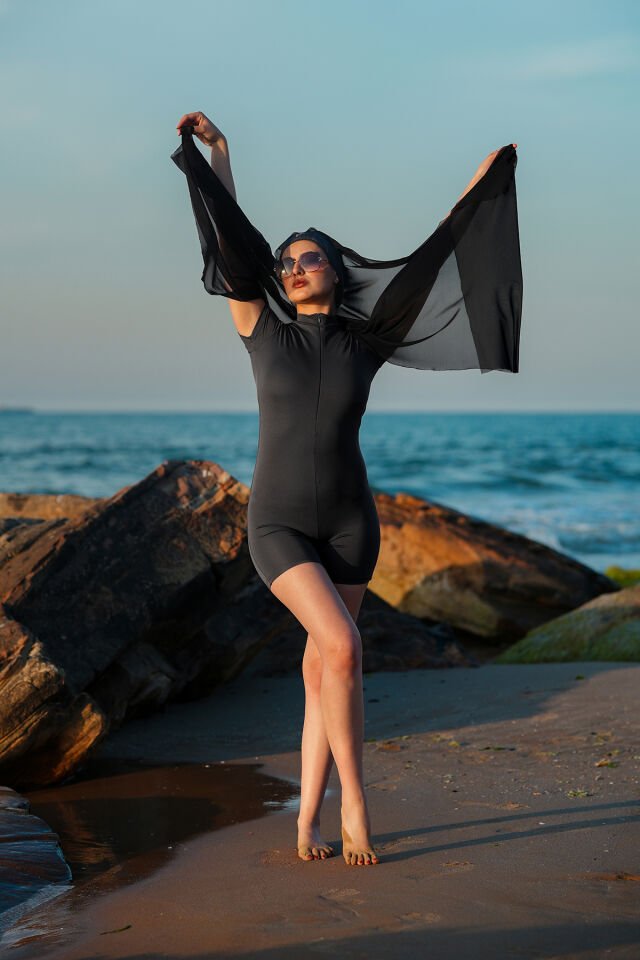 Kadın Kısa Tulum Boneli Tayt Model Tulum Mayo M - ANTRASİT