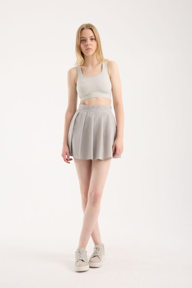 Kadın Pileli Önden Etek Arka Şortlu Özel Üretim  Etek 2477 S - AÇIK GRİ