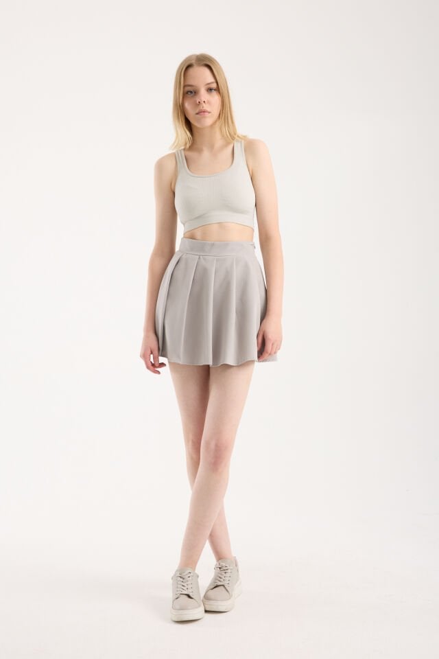 Kadın Pileli Önden Etek Arka Şortlu Özel Üretim  Etek 2477 XL - AÇIK GRİ