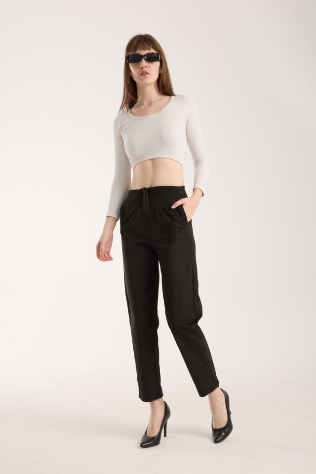 Kadın Pensli Süet Cepli Pantolon WM M - SİYAH