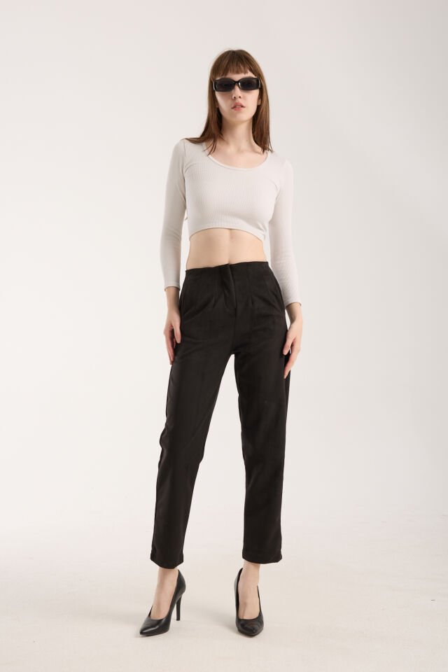 Kadın Pensli Süet Cepli Pantolon WM M - SİYAH