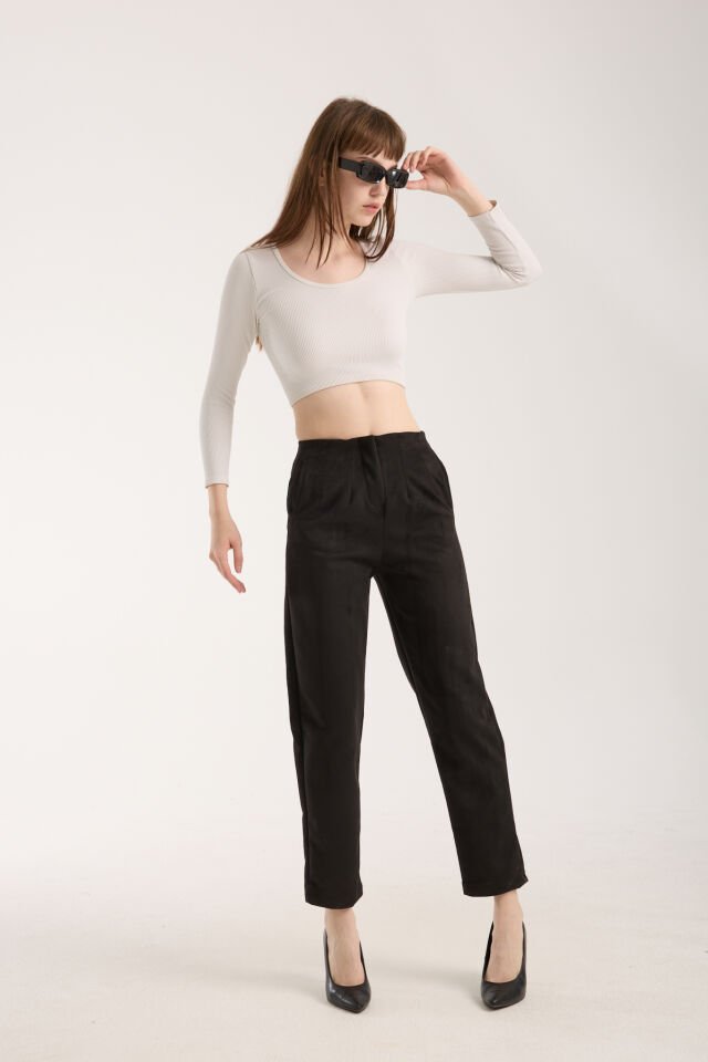 Kadın Pensli Süet Cepli Pantolon WM M - SİYAH