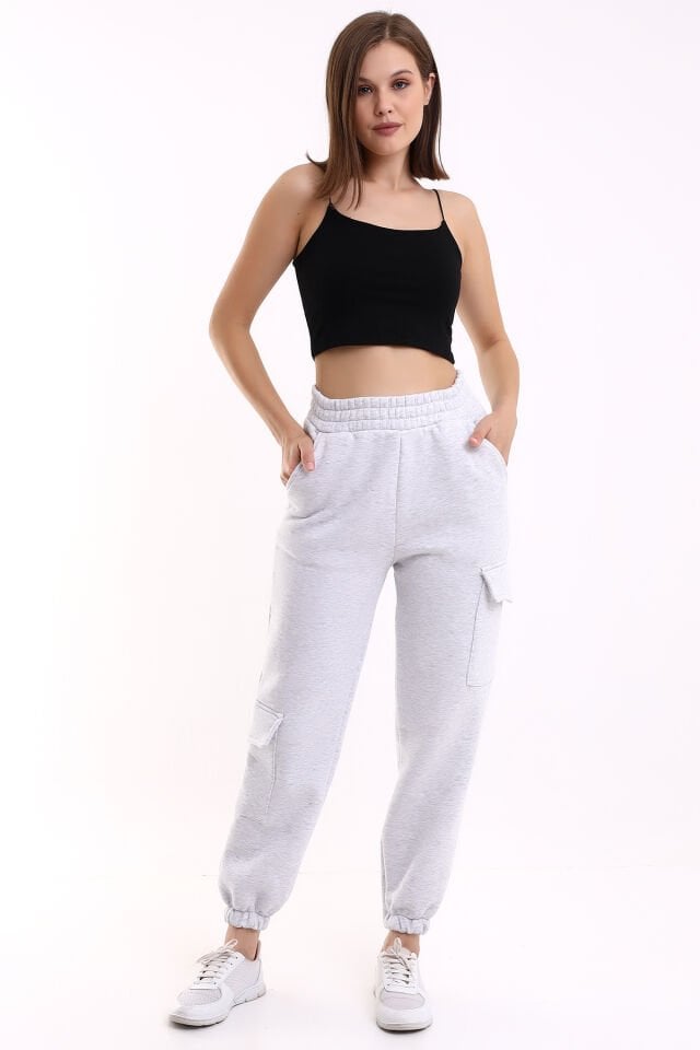 MODERN JOGGER KADIN EŞOFMAN ALTI PAÇA VE YAN KARGO CEPLİ XL - AÇIK GRİ