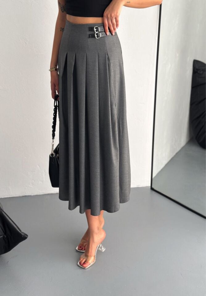 ETEK-TOKALI VE YIRTMAÇLI PİLELİ UZUN ETEK FÜME RENK  /MAX UZUN ETEK XL