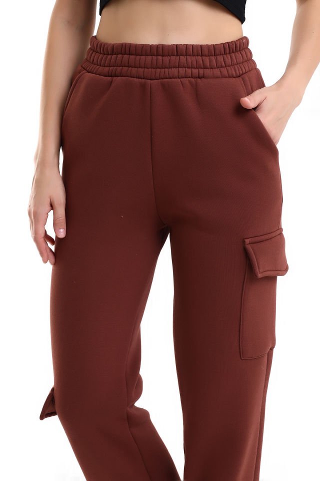 Kadın Yan Kargo Cepli  Modern Jogger Paça Eşofman Altı M - ACI KAHVE