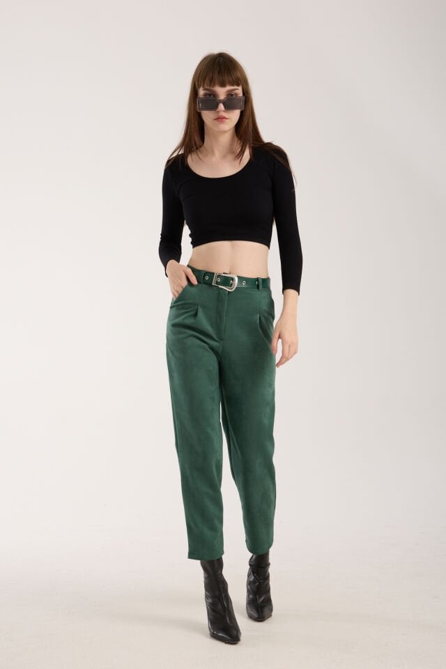 Kadın Kemerli Ön Pile Detaylı Kemerli Süet Cepli Pantolon D2-S1