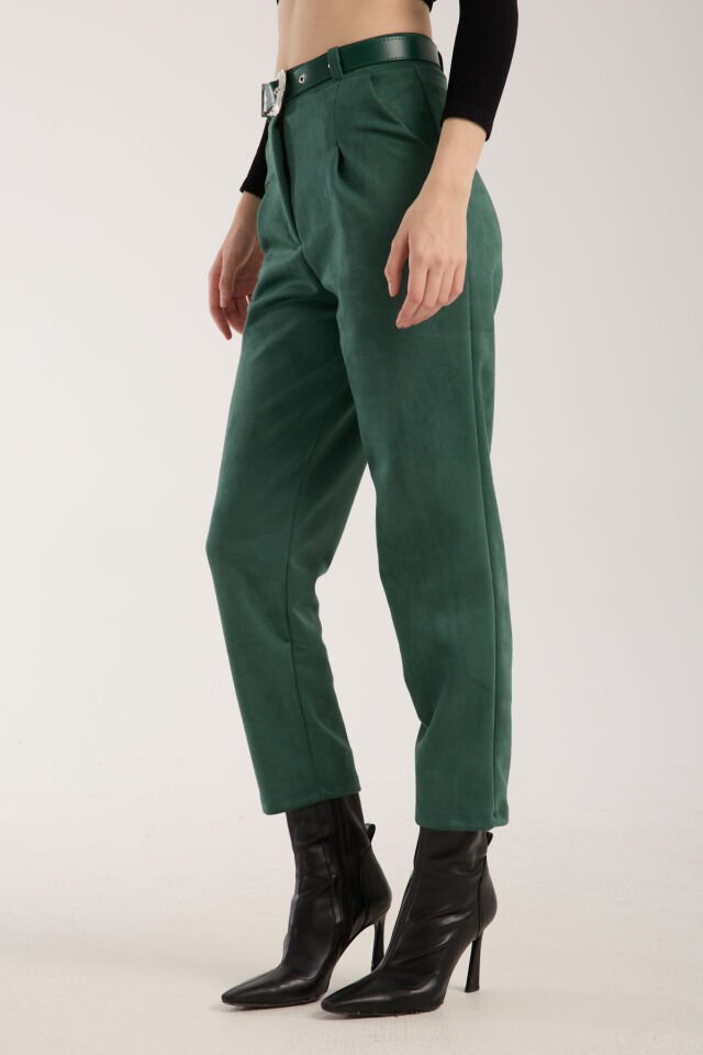 Kadın Kemerli Ön Pile Detaylı Kemerli Süet Cepli Pantolon D2-S1 M - YEŞİL