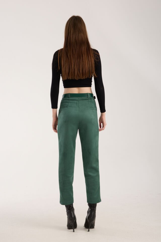 Kadın Kemerli Ön Pile Detaylı Kemerli Süet Cepli Pantolon D2-S1 M - YEŞİL
