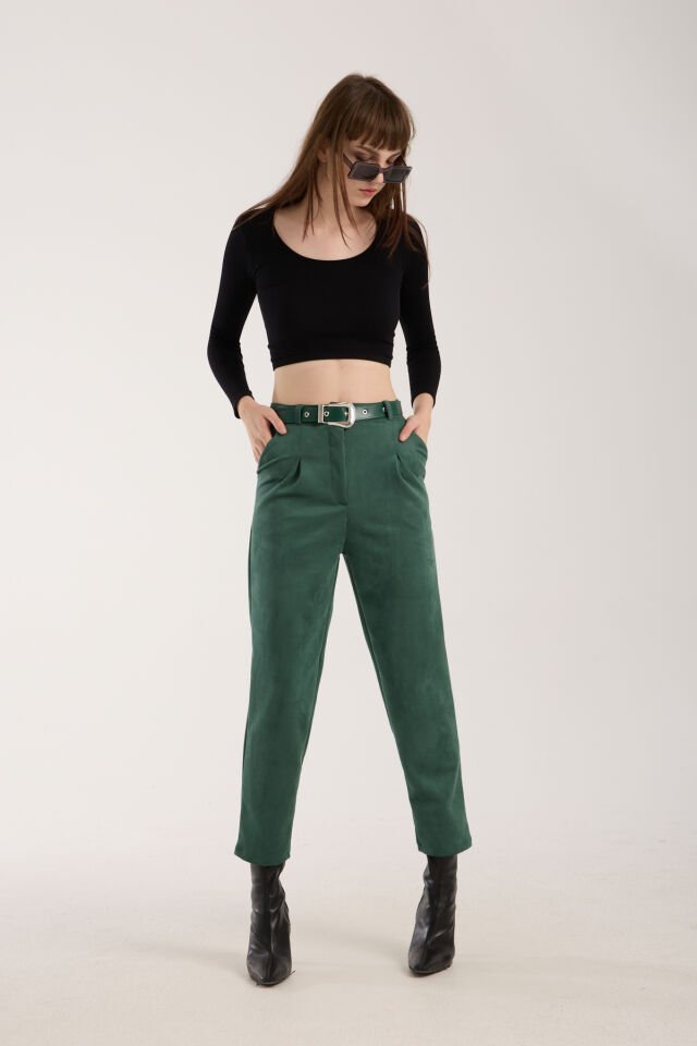 Kadın Kemerli Ön Pile Detaylı Kemerli Süet Cepli Pantolon D2-S1 M - YEŞİL