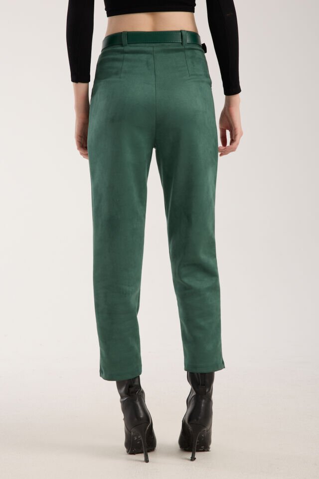 Kadın Kemerli Ön Pile Detaylı Kemerli Süet Cepli Pantolon D2-S1 M - YEŞİL