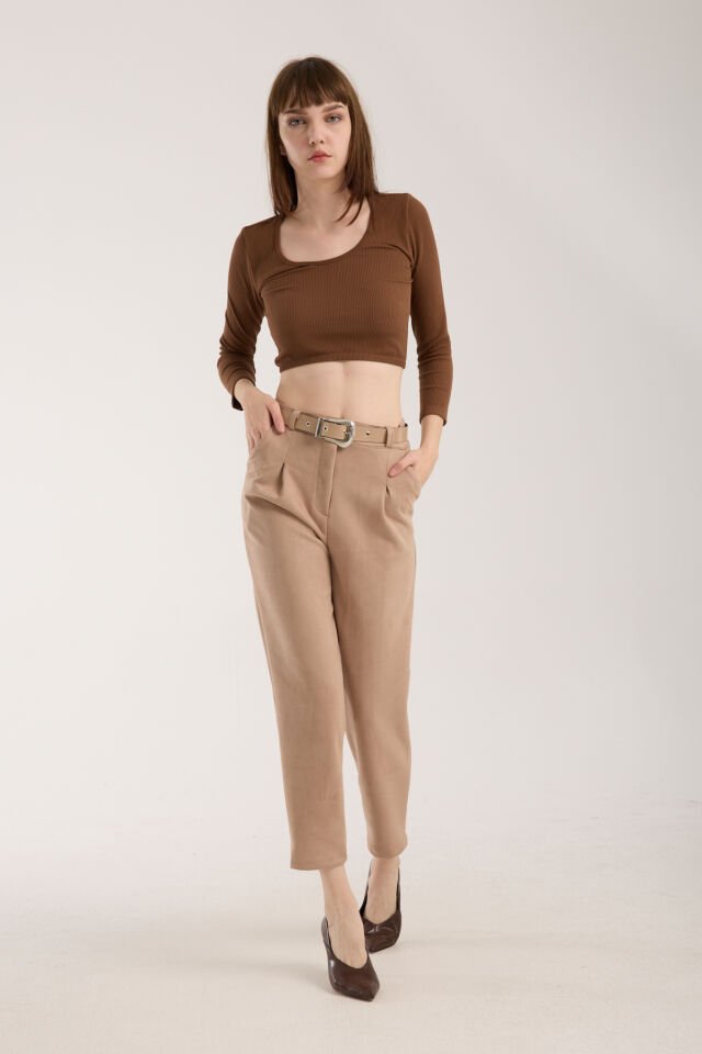 Kadın Kemerli Ön Pile Detaylı Kemerli Süet Cepli Pantolon D2-S1 M - BEJ