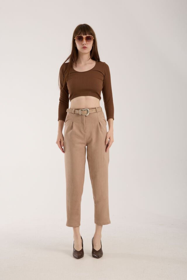 Kadın Kemerli Ön Pile Detaylı Kemerli Süet Cepli Pantolon D2-S1 M - BEJ