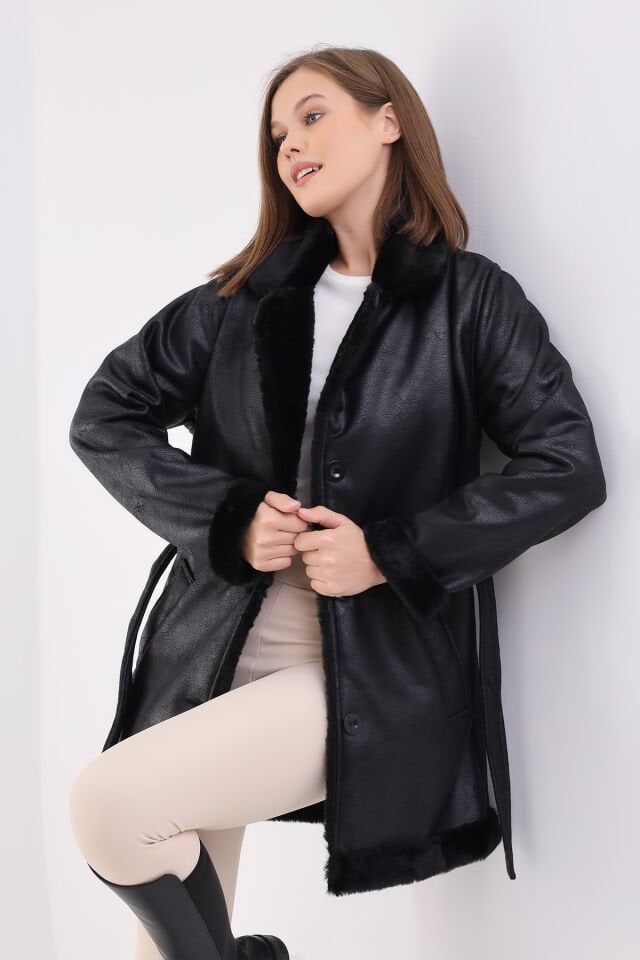 Kadın İçi Kürklü Kaban XL - SİYAH