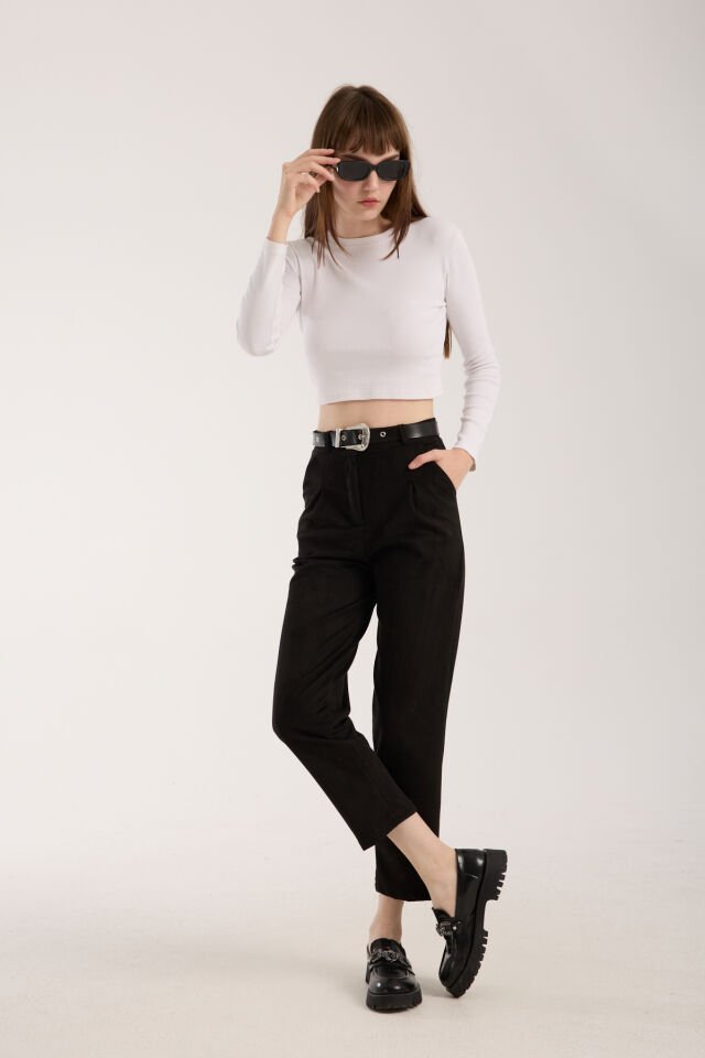 Kadın Kemerli Ön Pile Detaylı Kemerli Süet Cepli Pantolon D2-S1 M - SİYAH