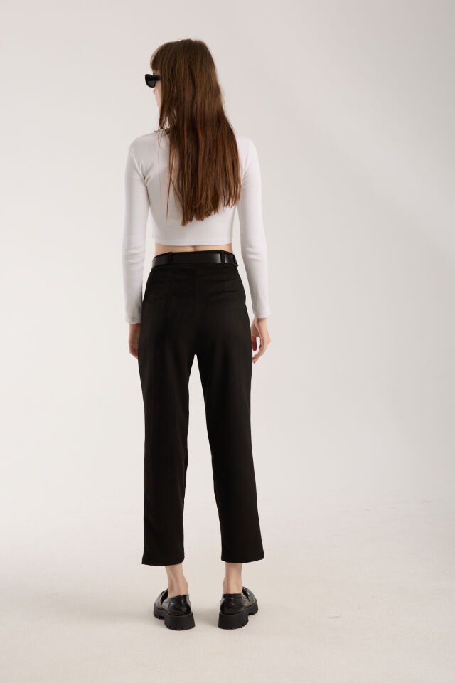 Kadın Kemerli Ön Pile Detaylı Kemerli Süet Cepli Pantolon D2-S1 M - SİYAH