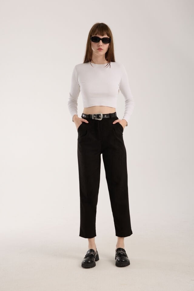 SÜET PANTOLON KEMERLİ ÖN PİLE DETAYLI - SÜET PANTOLON CEPLİ 2XL - SİYAH
