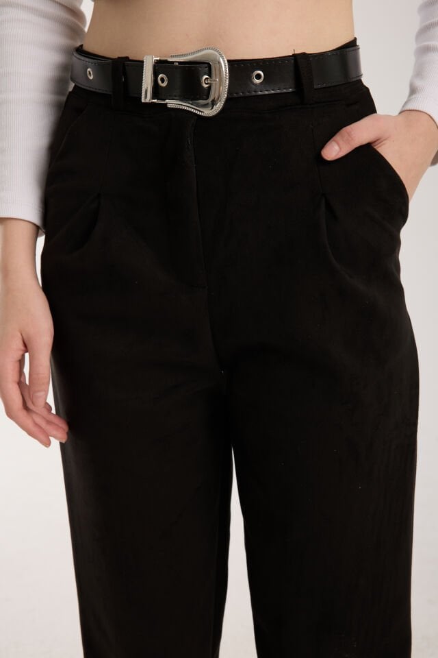 SÜET PANTOLON KEMERLİ ÖN PİLE DETAYLI - SÜET PANTOLON CEPLİ 2XL - SİYAH