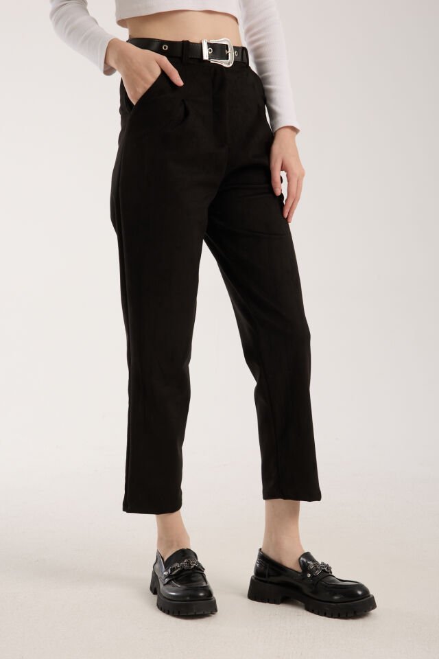 SÜET PANTOLON KEMERLİ ÖN PİLE DETAYLI - SÜET PANTOLON CEPLİ 2XL - SİYAH