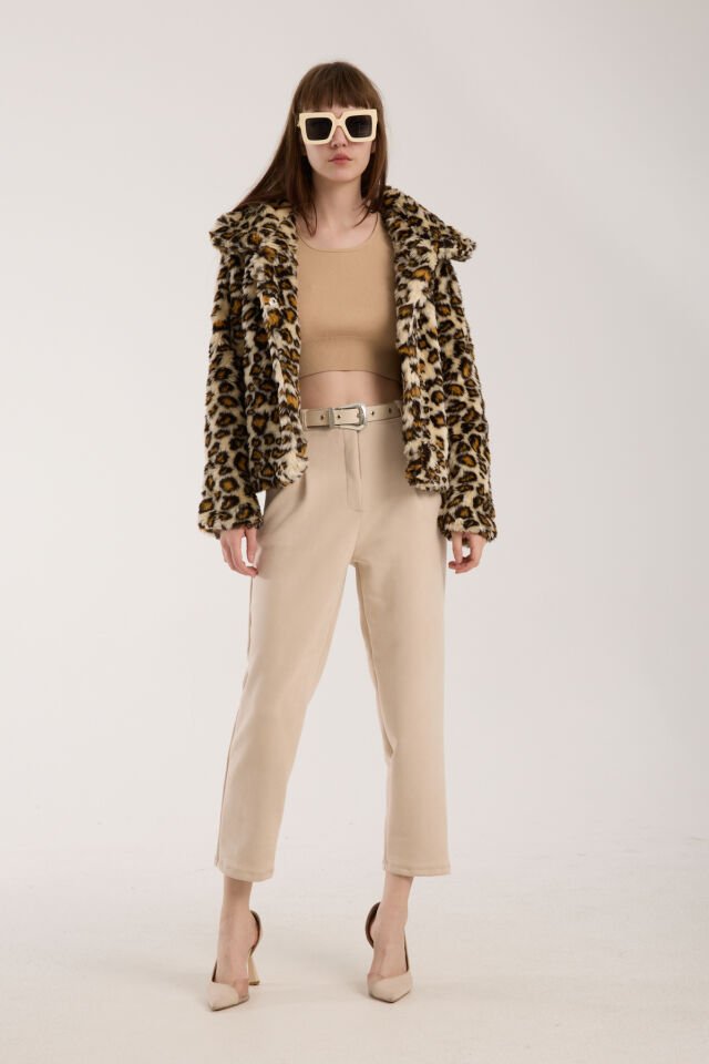 Kadın Kemerli Ön Pile Detaylı Kemerli Süet Cepli Pantolon D2-S1 M - EKRU