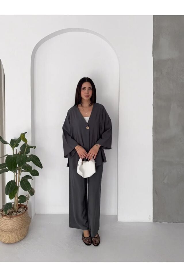 Modal Kumaş Salaş İkili Takım Bol Paça Pantolonlu Oversize Kadın Takım /KİMONO TAKIM XL - ANTRESİT GRİ
