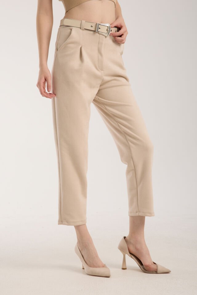 SÜET PANTOLON KEMERLİ ÖN PİLE DETAYLI - SÜET PANTOLON CEPLİ 2XL - EKRU