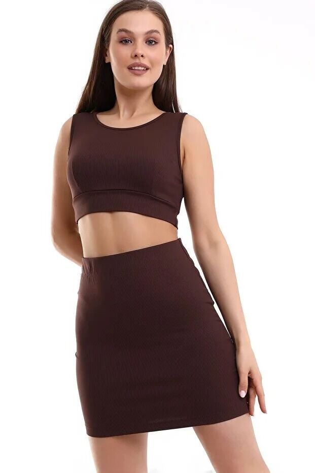 Kadın Compack Fitilli Etek Model Bluz Takım XL - BEJ