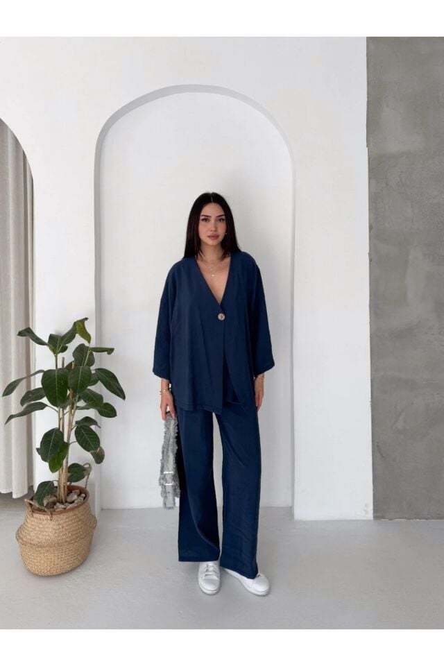 Modal Kumaş Salaş İkili Takım Bol Paça Pantolonlu Oversize Kadın Takım /KİMONO TAKIM XL - LACİVERT