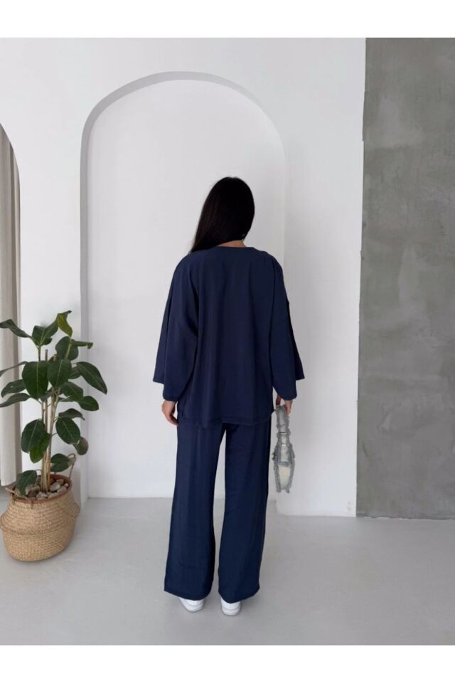Modal Kumaş Salaş İkili Takım Bol Paça Pantolonlu Oversize Kadın Takım /KİMONO TAKIM XL - LACİVERT