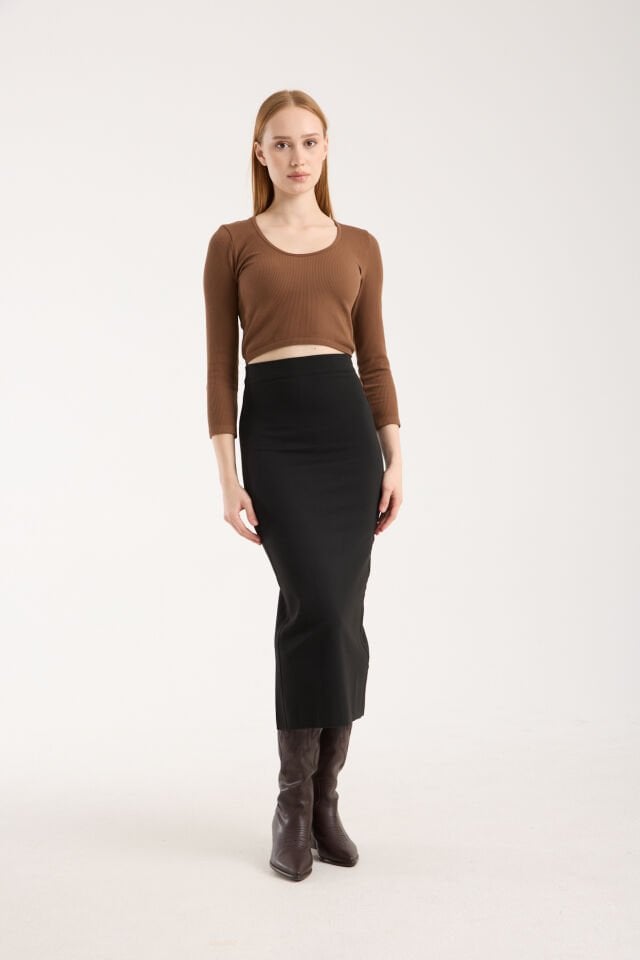 Kadın Belden Oturmalı  Ve Arka Yırtmaçlı Pensli İnterlok Örgü Uzun Etek WM-1015 2XL