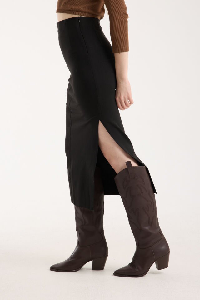 ETEK - PENSLİ BELDEN OTURTMALI VE ARKA YIRTMAÇLI ETEK - İNTERLOK ÖRGÜ UZUN ETEK 2XL