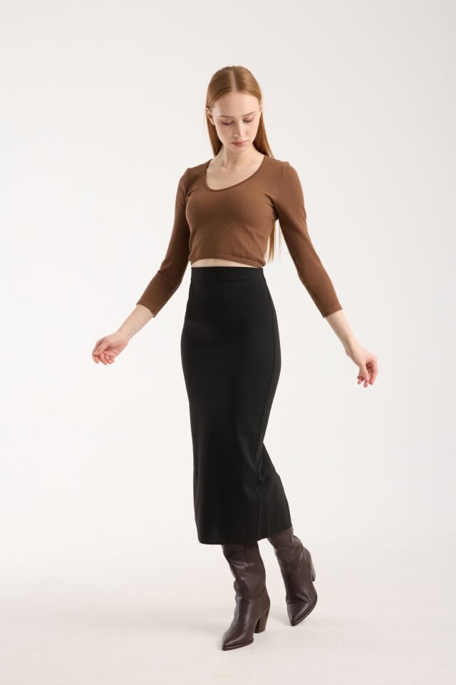 Kadın Belden Oturmalı  Ve Arka Yırtmaçlı Pensli İnterlok Örgü Uzun Etek WM-1015 2XL