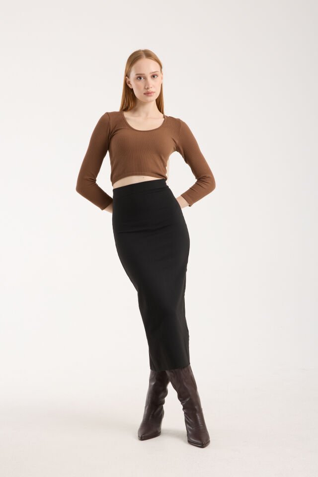 ETEK - PENSLİ BELDEN OTURTMALI VE ARKA YIRTMAÇLI ETEK - İNTERLOK ÖRGÜ UZUN ETEK 2XL