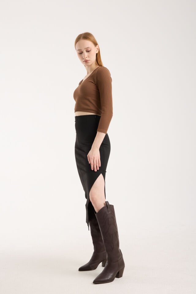 ETEK - PENSLİ BELDEN OTURTMALI VE ARKA YIRTMAÇLI ETEK - İNTERLOK ÖRGÜ UZUN ETEK 2XL