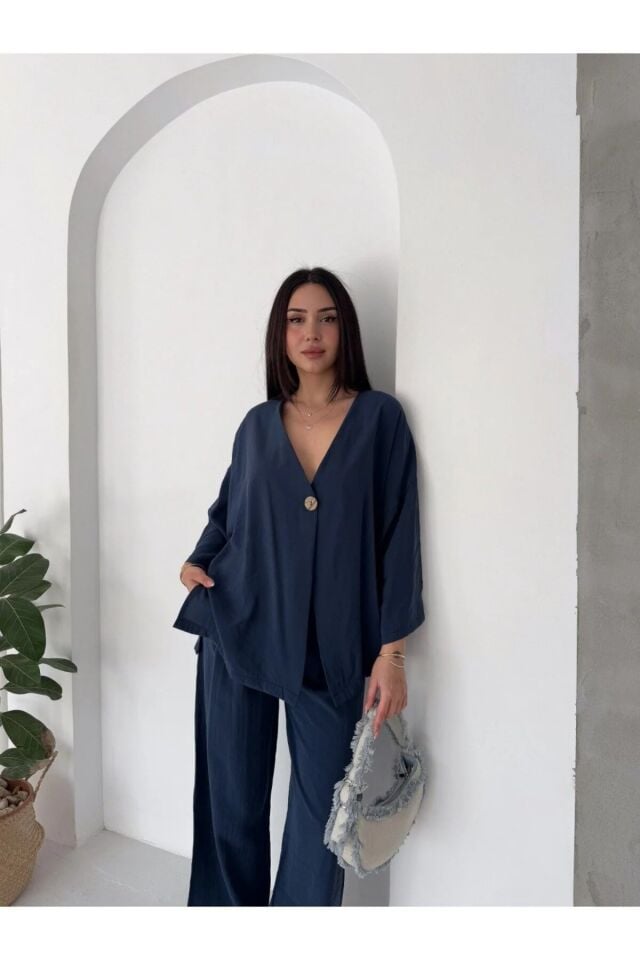 Modal Kumaş Salaş İkili Takım Bol Paça Pantolonlu Oversize Kadın Takım /KİMONO TAKIM XL - SİYAH