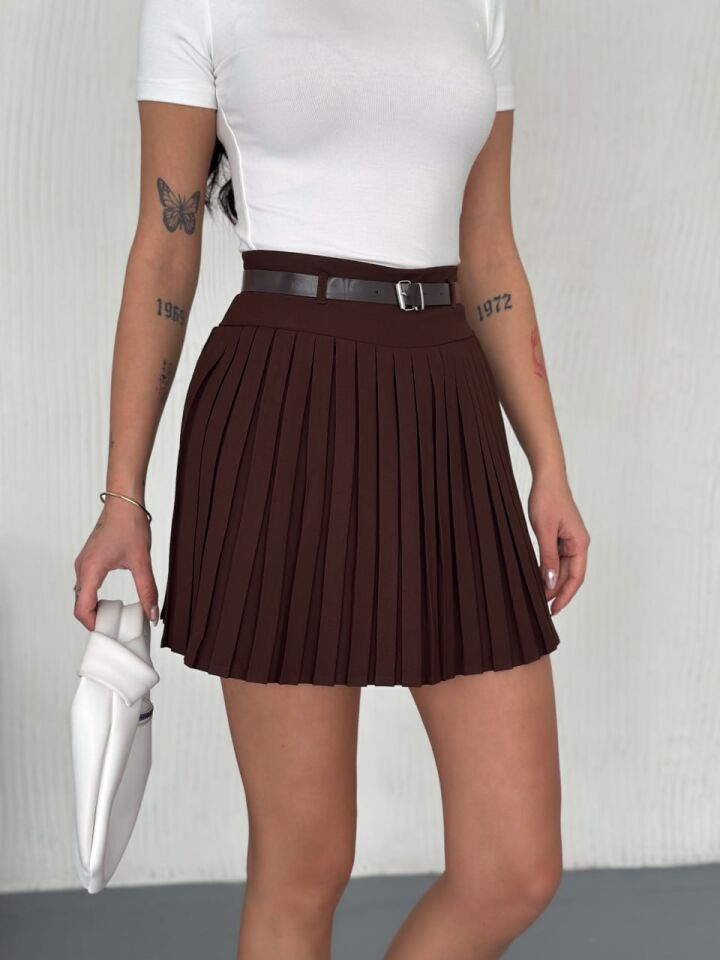 Kadın Yan Fermuarlı Piliseli Diz Üstü Kemerli Etek 2482 L - KAHVERENGİ