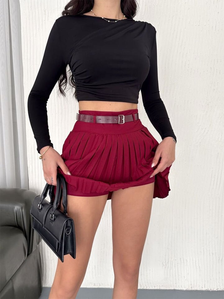 Kadın Yan Fermuarlı Piliseli Diz Üstü Kemerli Etek 2482 XL - BORDO