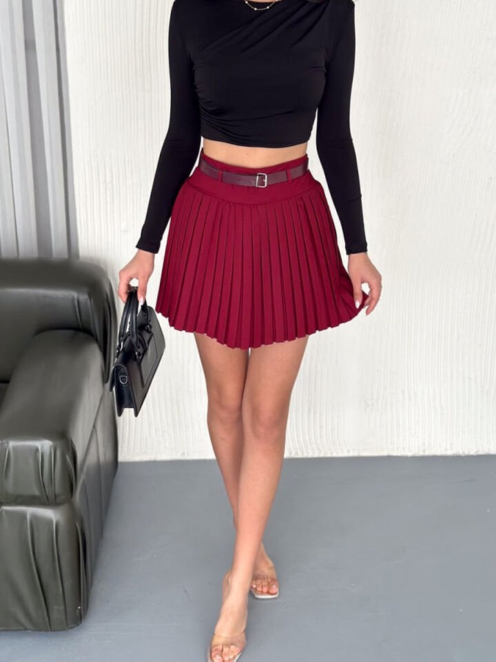 Kadın Yan Fermuarlı Piliseli Diz Üstü Kemerli Etek 2482 XL - BORDO