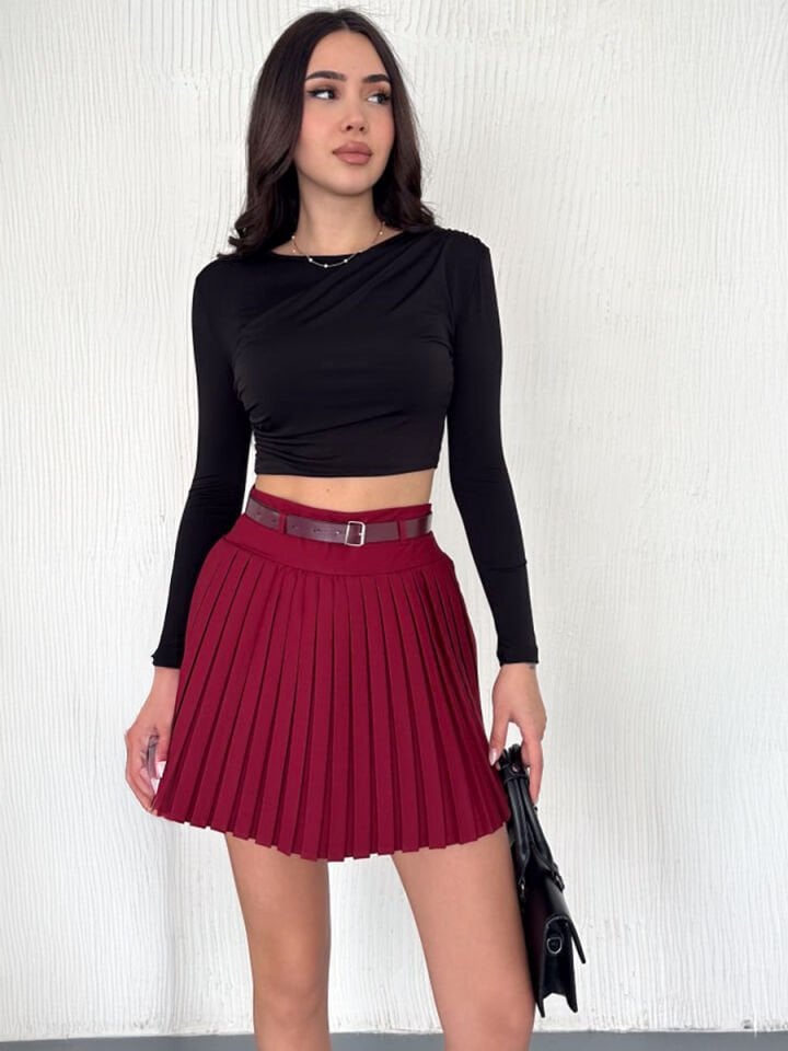 Kadın Yan Fermuarlı Piliseli Diz Üstü Kemerli Etek 2482 XL - BORDO