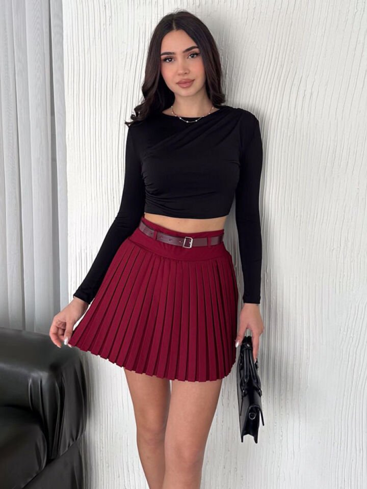 Kadın Yan Fermuarlı Piliseli Diz Üstü Kemerli Etek 2482 S - BORDO