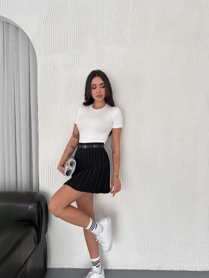 Kadın Yan Fermuarlı Piliseli Diz Üstü Kemerli Etek 2482 L - SİYAH