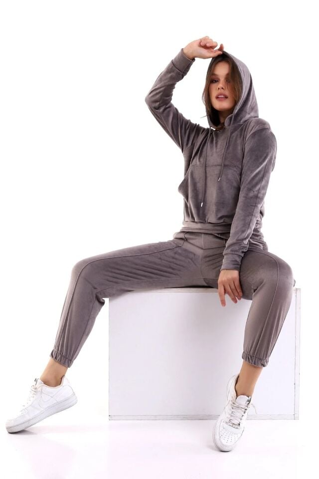 Kadın Yumoş Kadife Eşofman Takımı 6091 L - GRİ