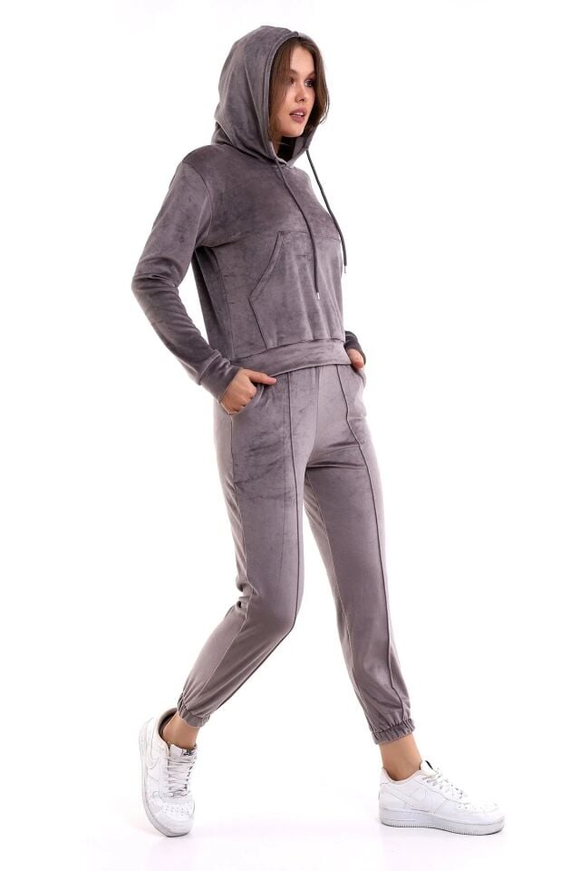 Kadın Yumoş Kadife Eşofman Takımı 6091 L - GRİ