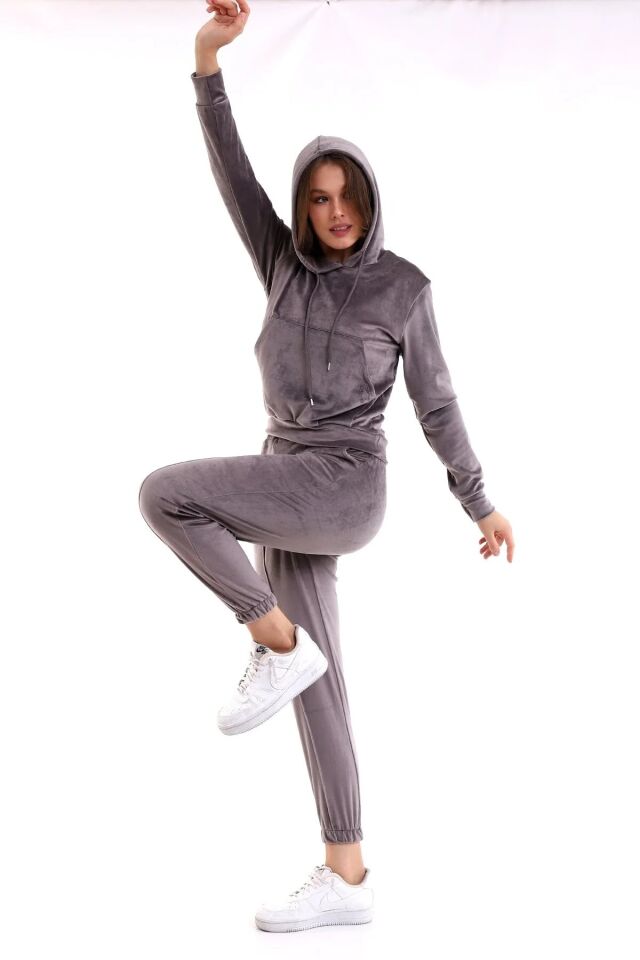 Kadın Yumoş Kadife Eşofman Takımı 6091 L - GRİ