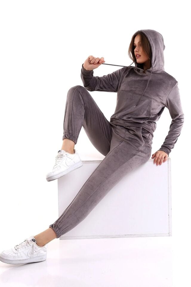 Kadın Yumoş Kadife Eşofman Takımı 6091 L - GRİ