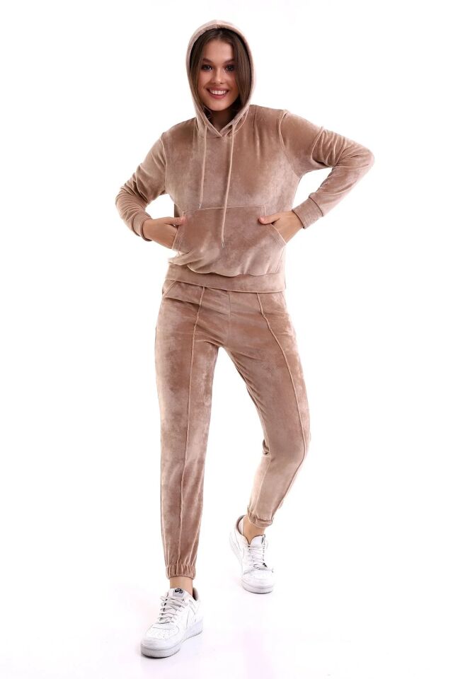 Kadın Yumoş Kadife Eşofman Takımı 6091 S - BEJ